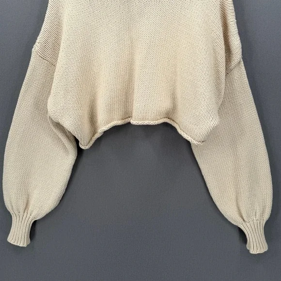 ZARA Cropped Polo Sweater Women Small Cream Relaxed Balloon Sleeve Casual Collar - Picture 9 of 15
